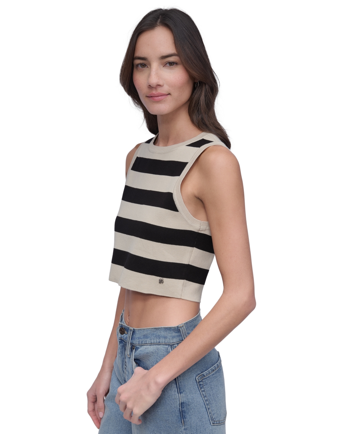 Shop Dkny Jeans Women's Cropped Sleeveless Sweater In G03 - Lt Cty Khk,blk