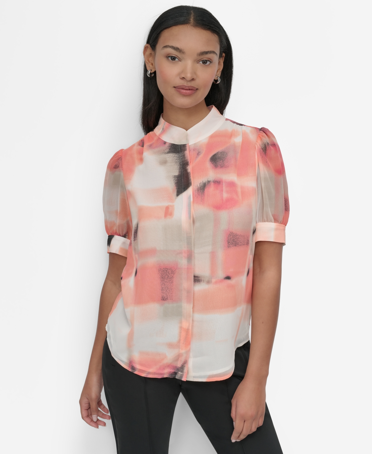 Women's Printed Puff-Sleeve Button-Front Blouse - Coral Crush Multi