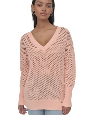 Women's Cotton Open-Knit V-Neck Sweater