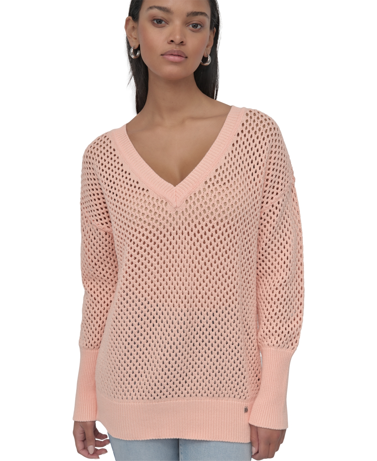 DKNY JEANS WOMEN'S COTTON OPEN-KNIT V-NECK SWEATER 