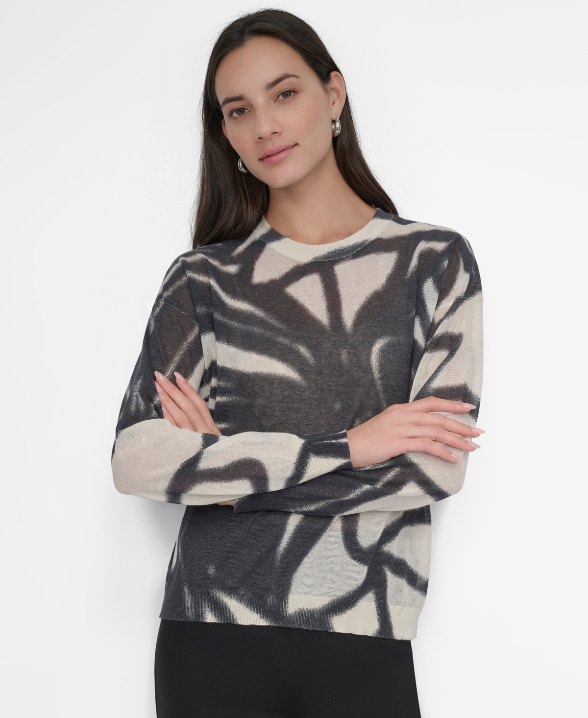 Women's Abstract-Print Long-Sleeve Sweater - Floral Graffitiblk