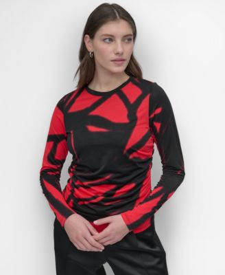 DKNY - Women's Printed Crewneck Long-Sleeve Ruched Top