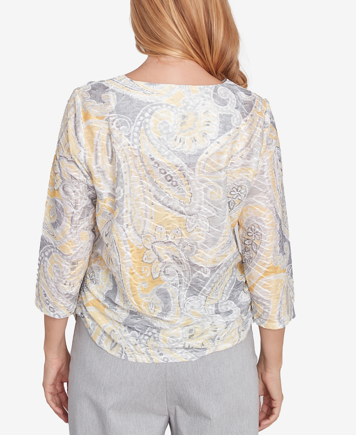 Alfred Dunner Petite Dress Code Textured Paisley Beaded Neck Top In Grey Multi