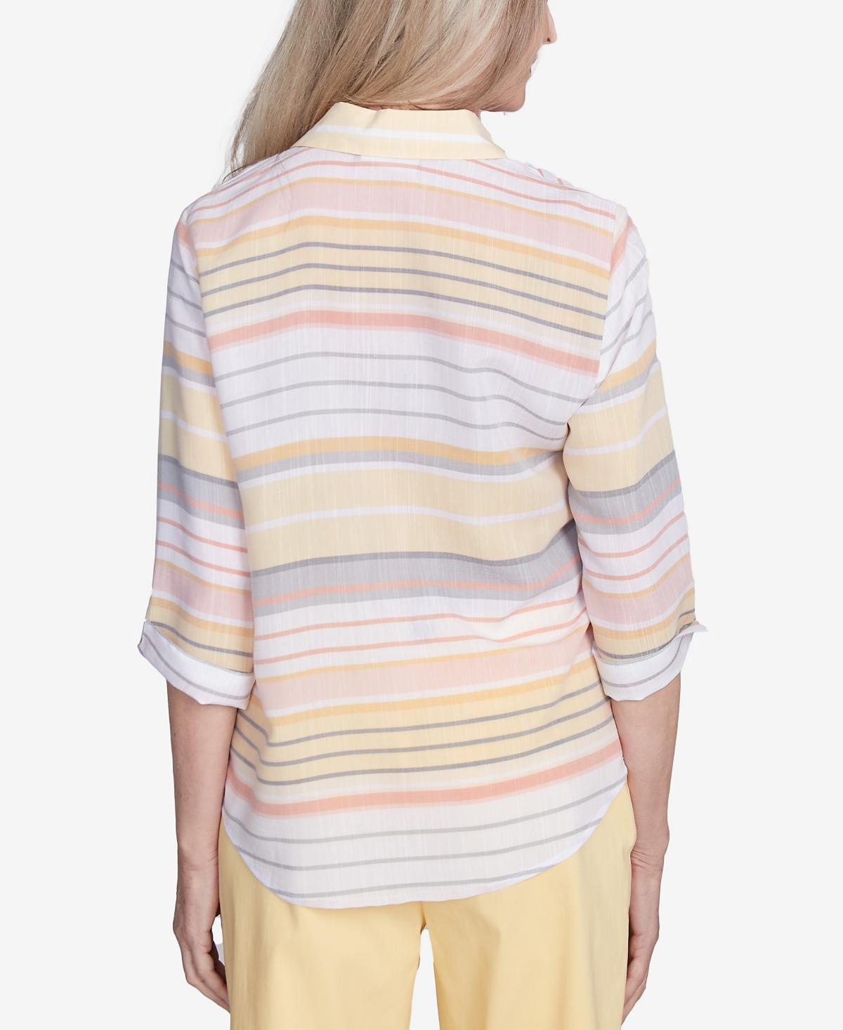 Alfred Dunner Petite Dress Code Button Down Striped Cuffed Sleeve Top In Multi Yellow
