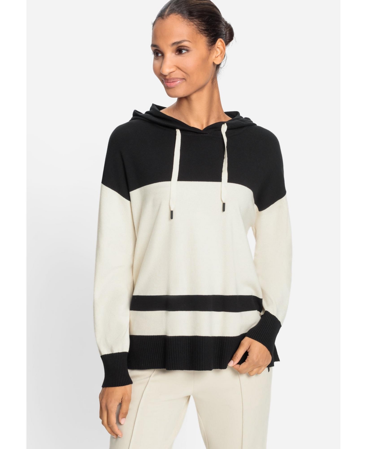 Women's Block Striped Sweater Hoodie - Black