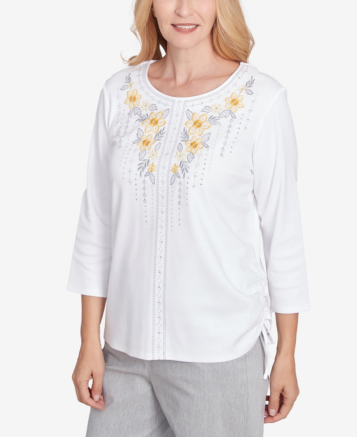 Alfred Dunner Petite Dress Code Linear Knit Floral Embroidered Crew Neck Top In White