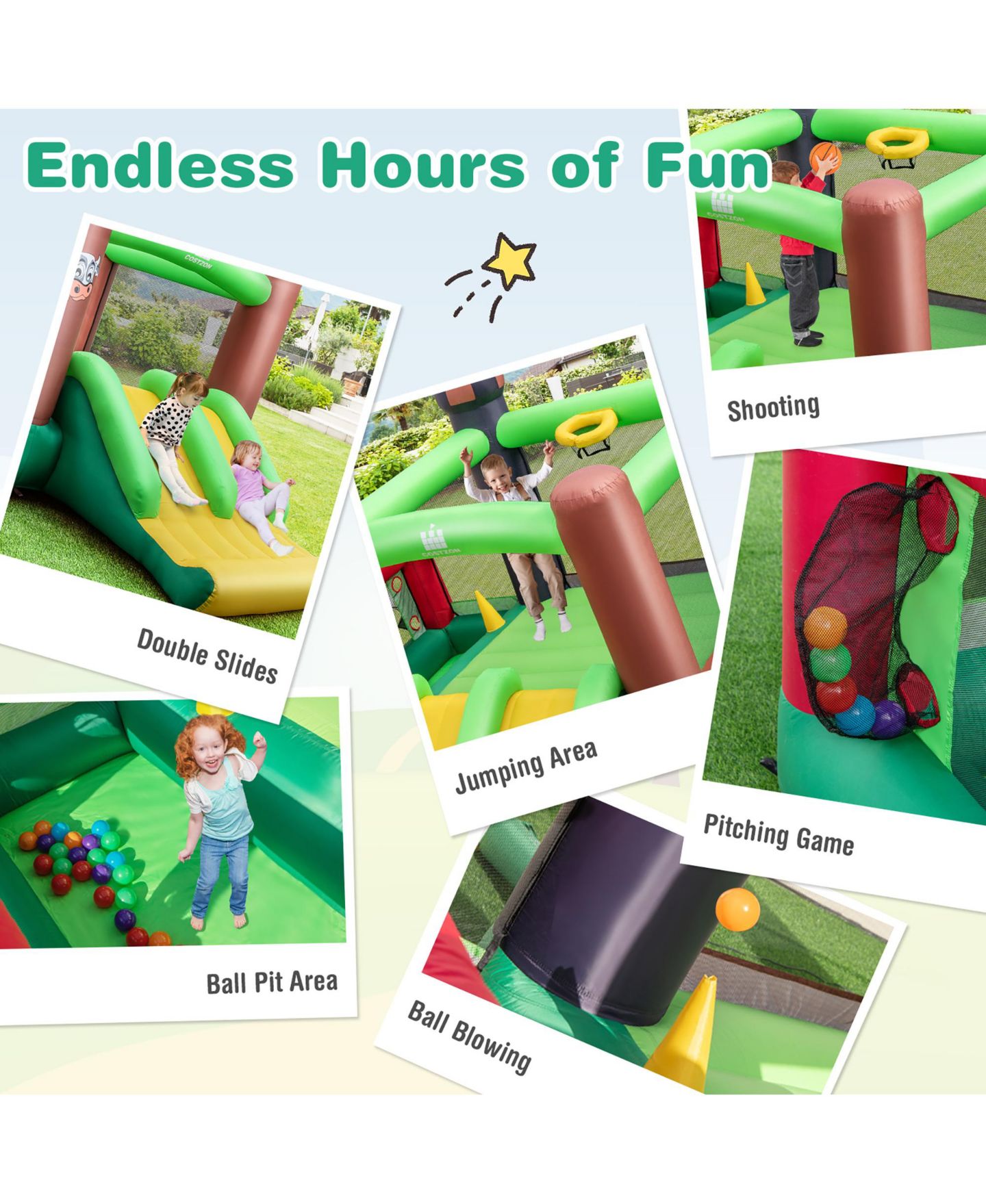 Детские игрушки Costway Farm Themed Inflatable Bounce House with Double Slides and Ball Pit, 140"L x 130"W x 87"H, от 3 лет, цвет: Зелёный — фото 7
