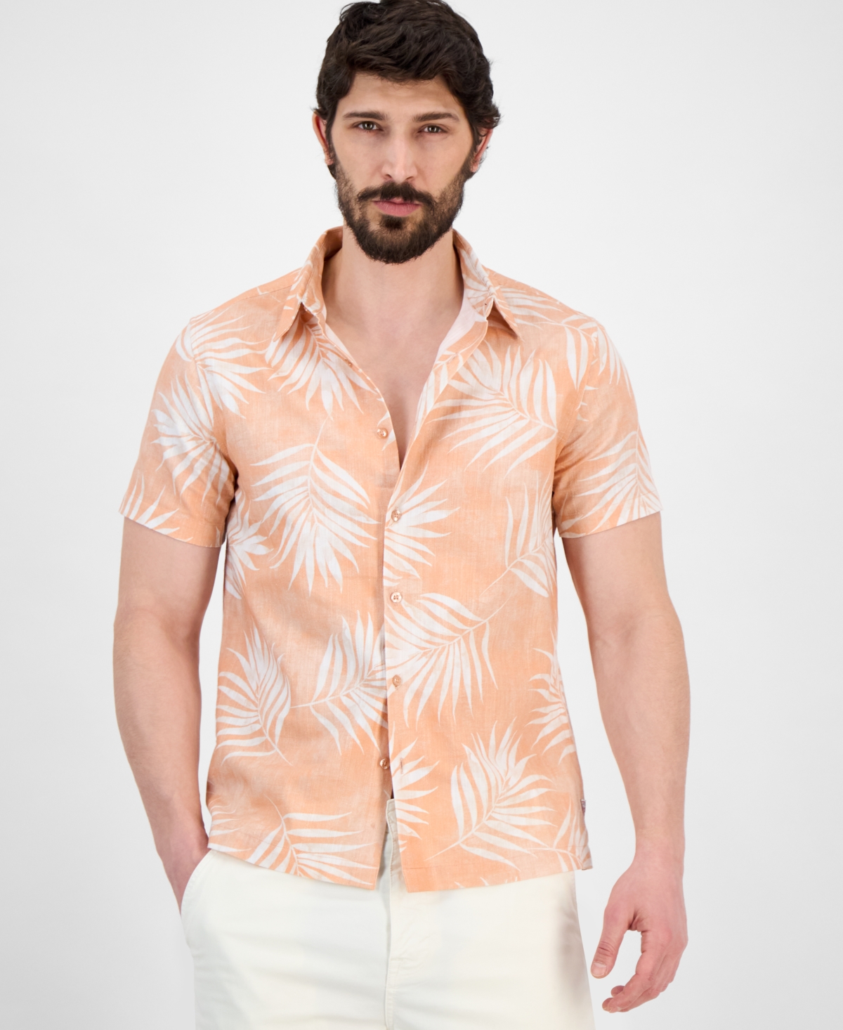Men's Regular-Fit Textured Palm-Print Button-Down Shirt - Textured Palm Primer Pink
