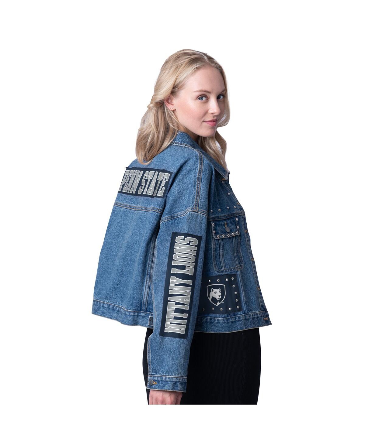 G-III 4HER BY CARL BANKS WOMEN'S DENIM PENN STATE NITTANY LIONS GAME BALL PATCHES AND STUDS FULL-BUTTON JACKET 