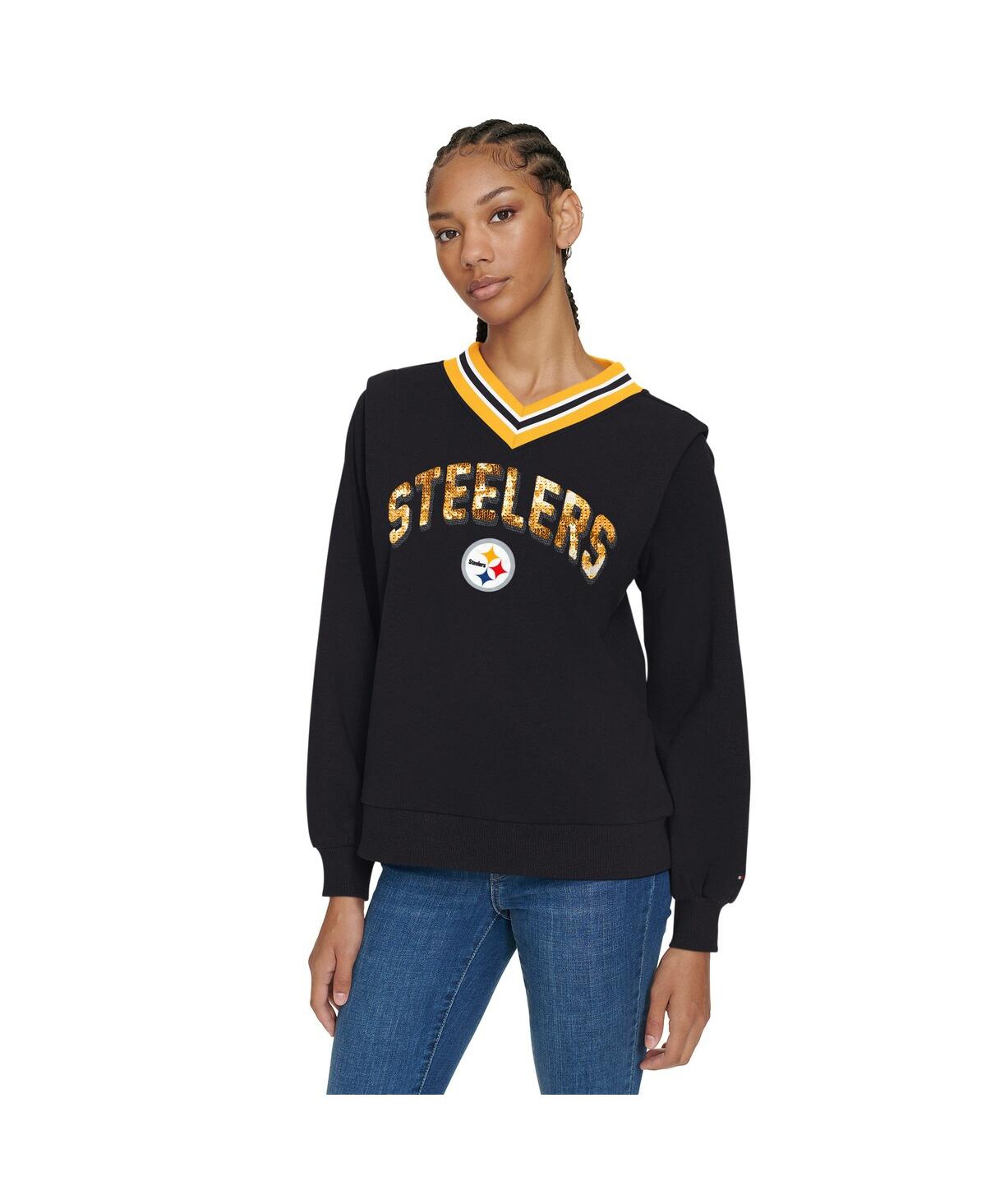 Women's Black Pittsburgh Steelers Alice V-Neck Pullover Sweatshirt - Black