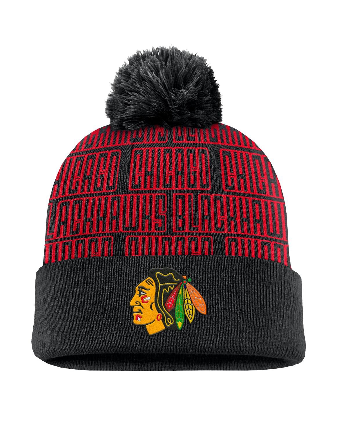 Fanatics Men's Black/red Chicago Blackhawks Fundamental Empty Net Cuffed Knit Hat With Pom In Black,red