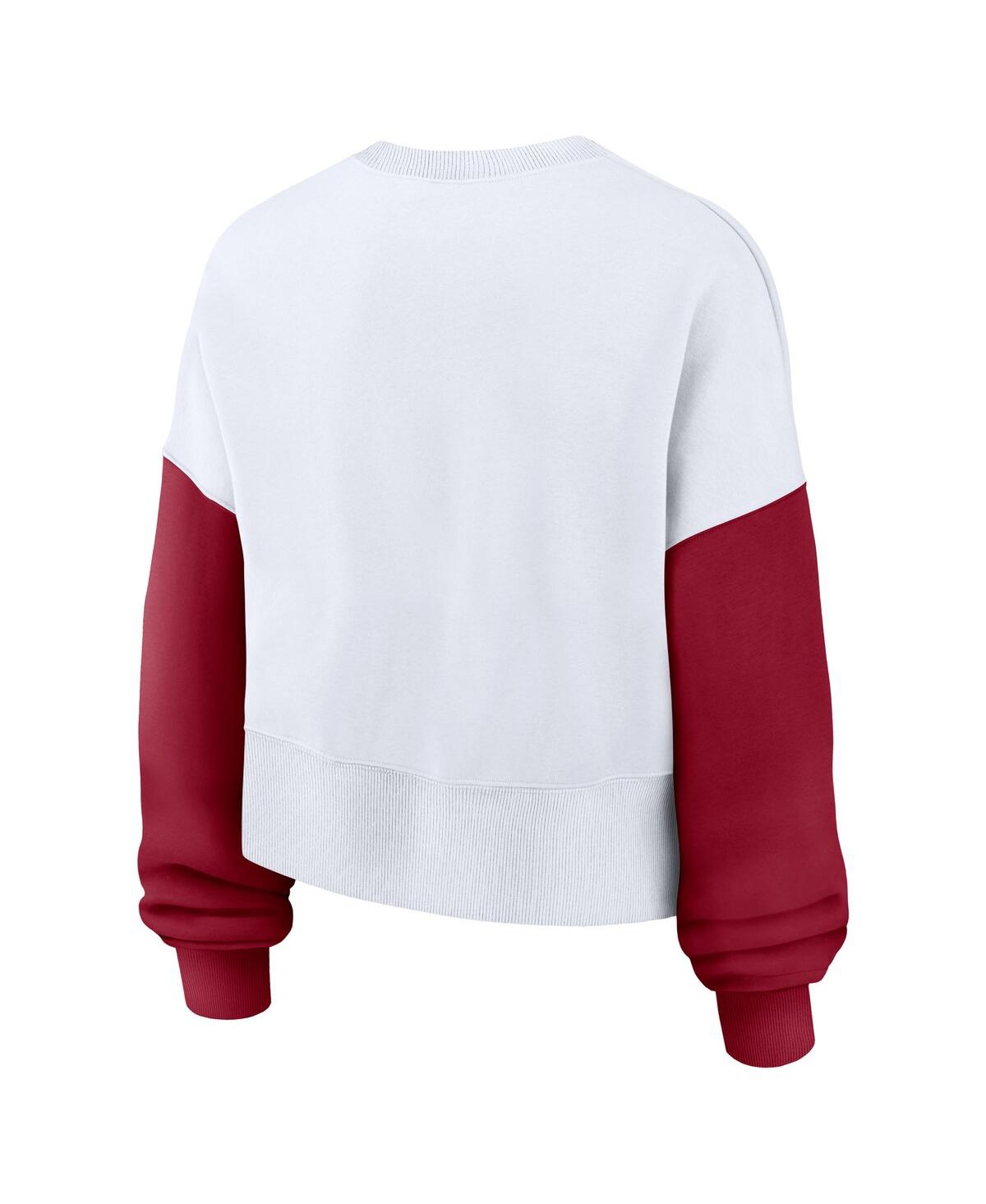 JORDAN WOMEN'S WHITE OKLAHOMA SOONERS COLOR-BLOCK OVERSIZED CROPPED PULLOVER SWEATSHIRT 