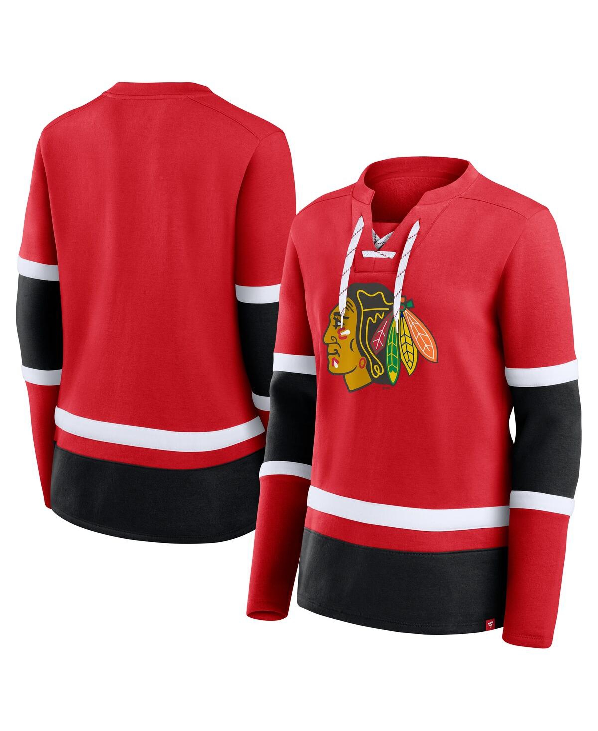 Fanatics Women's Red Chicago Blackhawks Prime Time Lace-up Long Sleeve T-shirt In Red,black