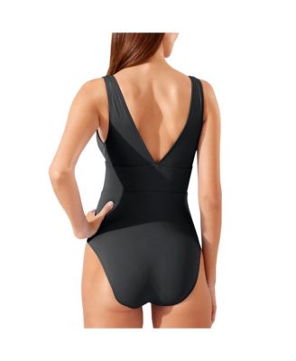 Women's Black LSU Tigers Palm Modern V-Neck One-Piece Swimsuit