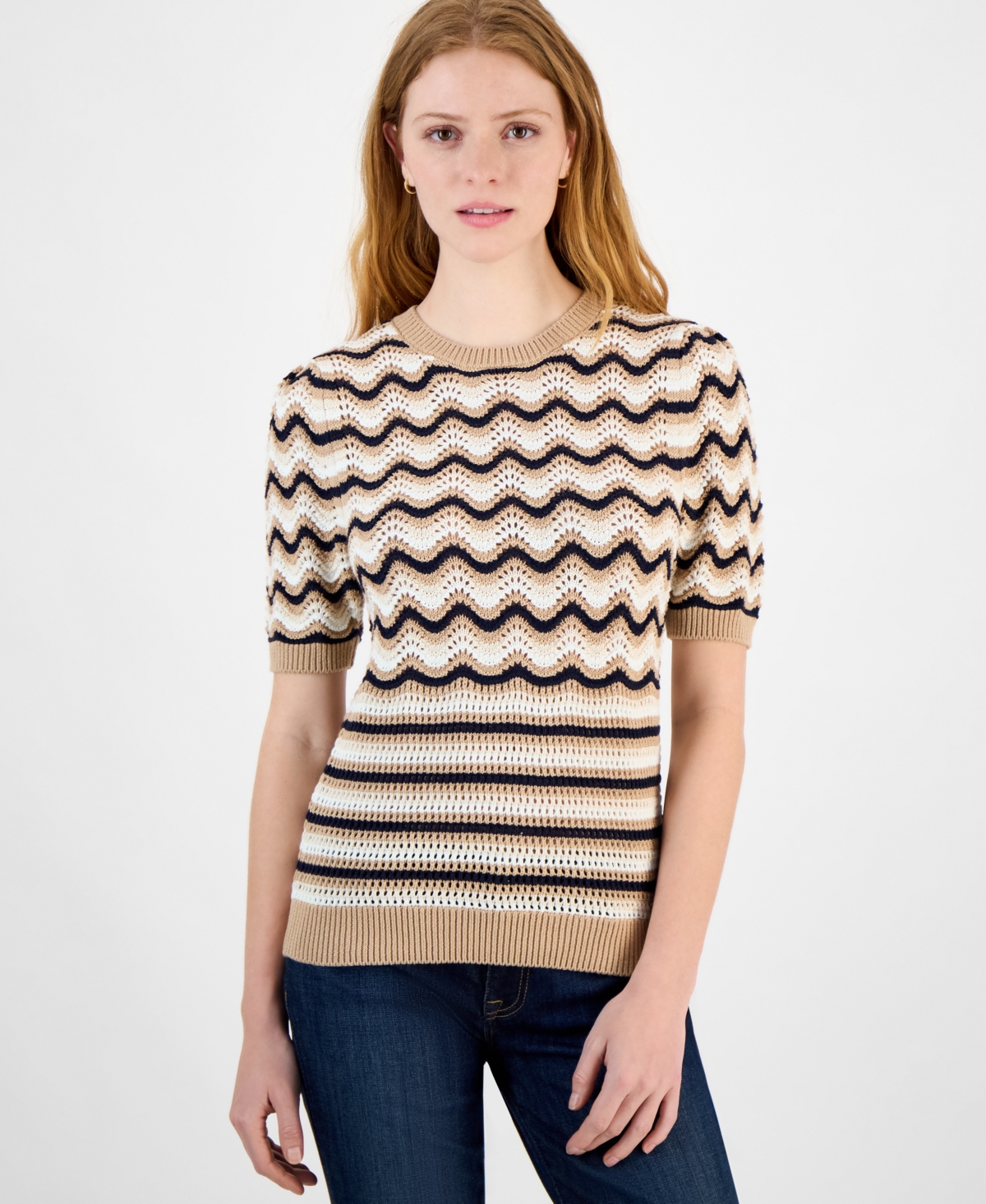 Tommy Hilfiger Women's Cotton Striped Pointelle Sweater In Sand Mutli