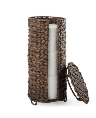 Toilet Paper Roll Holder with Lid - Espresso, Fits 3 Rolls, Free Standing Water Hyacinth Bath Tissue Storage Organizer for Bathroom