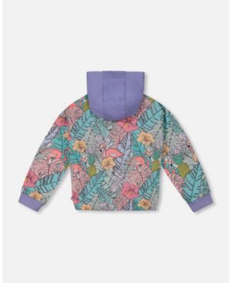 Toddler Girls Printed French Terry Hoodie Cardigan Lilac Tropical And Pink Flamingos - Toddler|Child