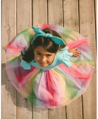 Big Girls Bi-Material Dress With Printed Mesh Skirt Multicolored