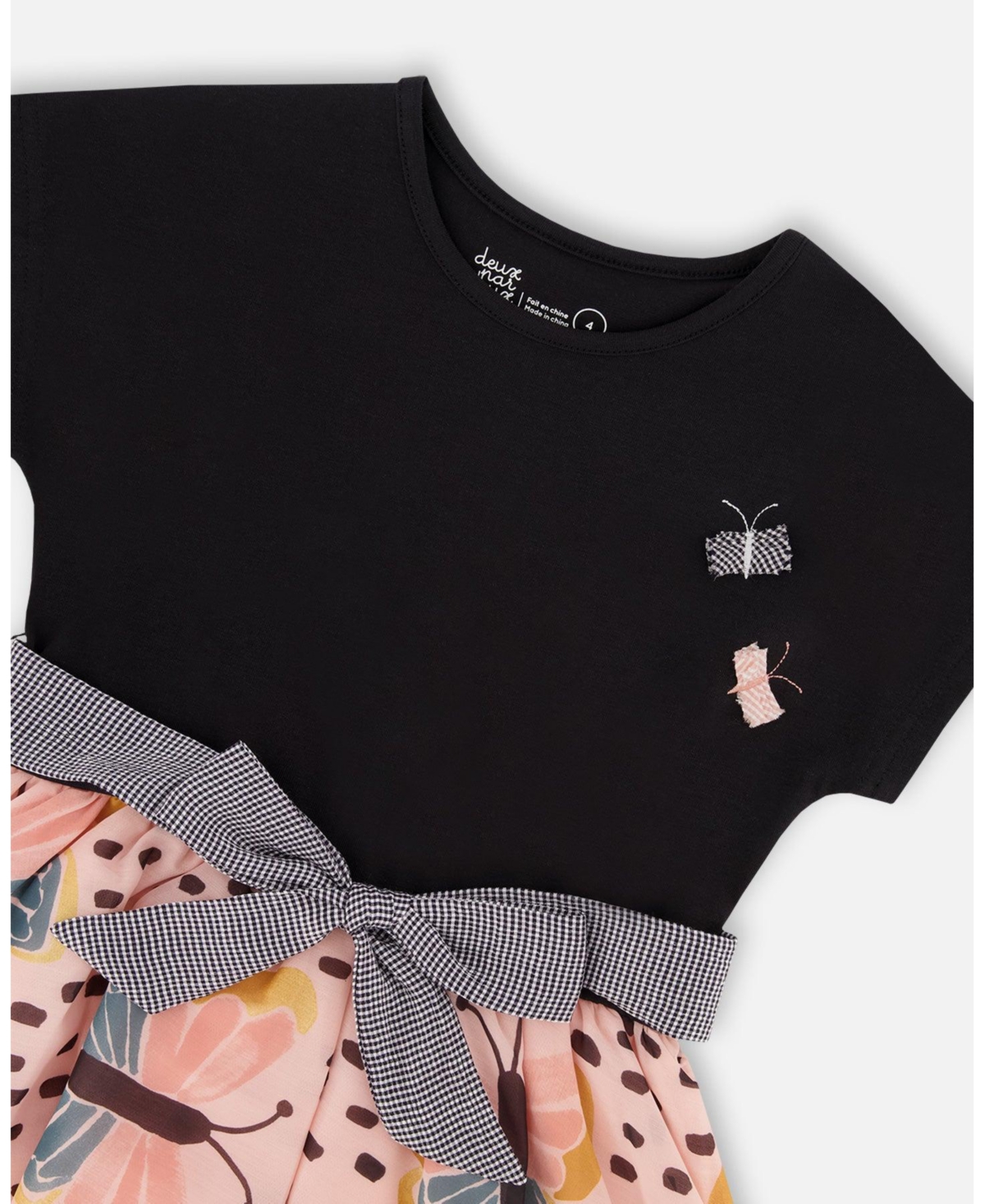Deux par Deux Toddler Girls Bi-Material Dress With Printed Skirt Black, Pink, And Butterflies - Toddler|Child