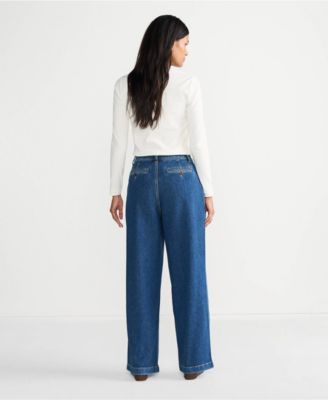 Women's Petite High Rise Soft Denim Pleated Wide Leg Trousers
