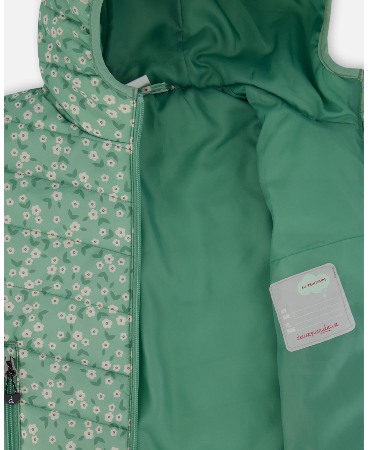 Deux par Deux Toddler Girls Printed Quilted Mid-Season Jacket Small White Flowers On Sage Green Background - Toddler|Child