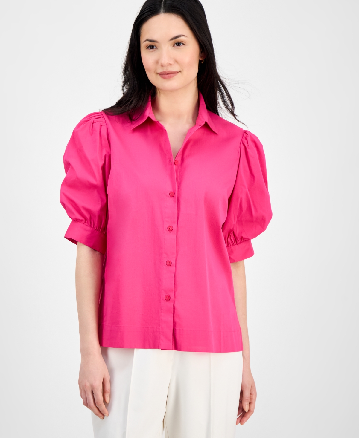 T Tahari Women's Button-front Short-blouson-sleeve Shirt In Tulip Pink