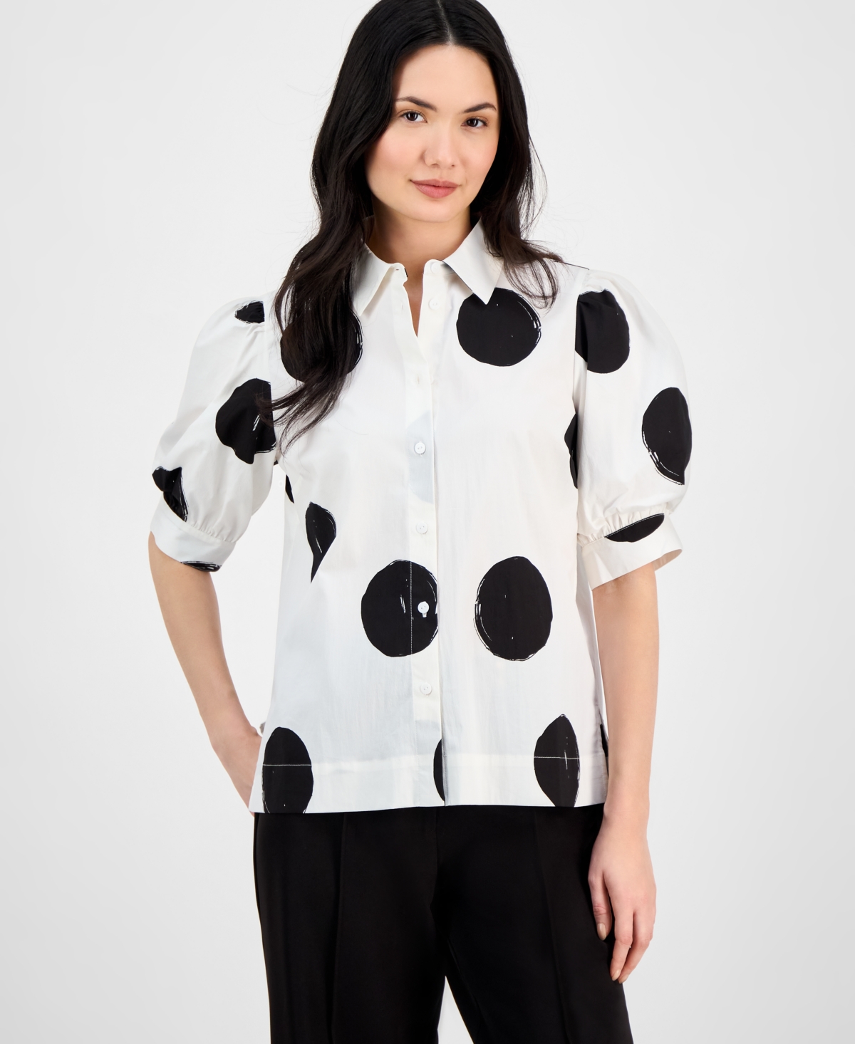 Women's Short-Blouson-Sleeve Button-Front Shirt - Exploded Dot Print