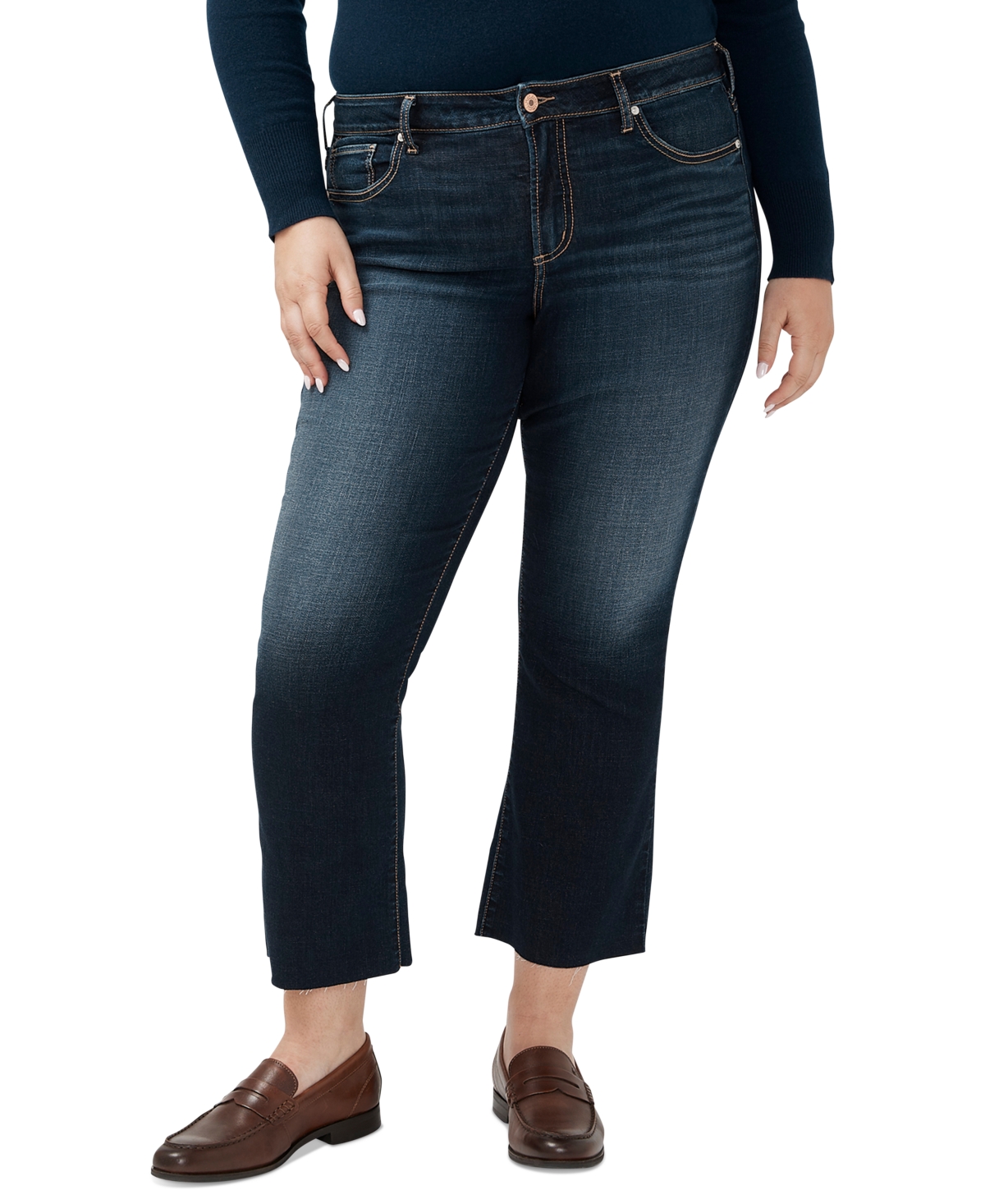 Shop Silver Jeans Co. Plus Size Suki Kick-flare Cropped Cut-hem Denim Jeans In Indigo