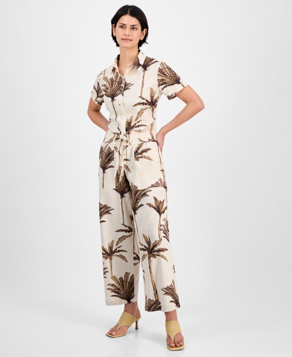 Nautica Jeans Women's Palm-print Linen-blend Wide-leg Pants In Parchment Multi