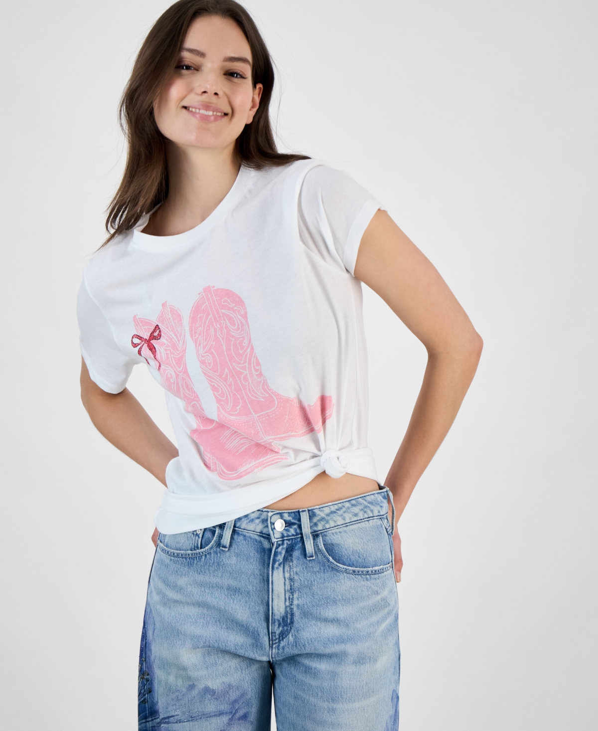 Juniors' Cowboy Boots Bow Graphic Print T-Shirt - White