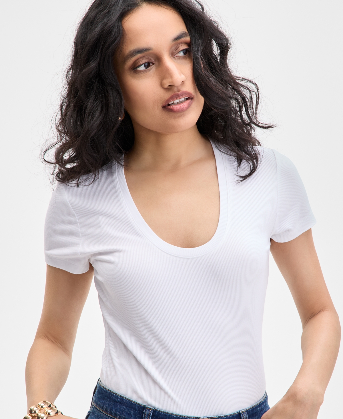 Inc International Concepts Women's Ribbed Scoop-neck Top, Exclusively At Macy's In Bright White