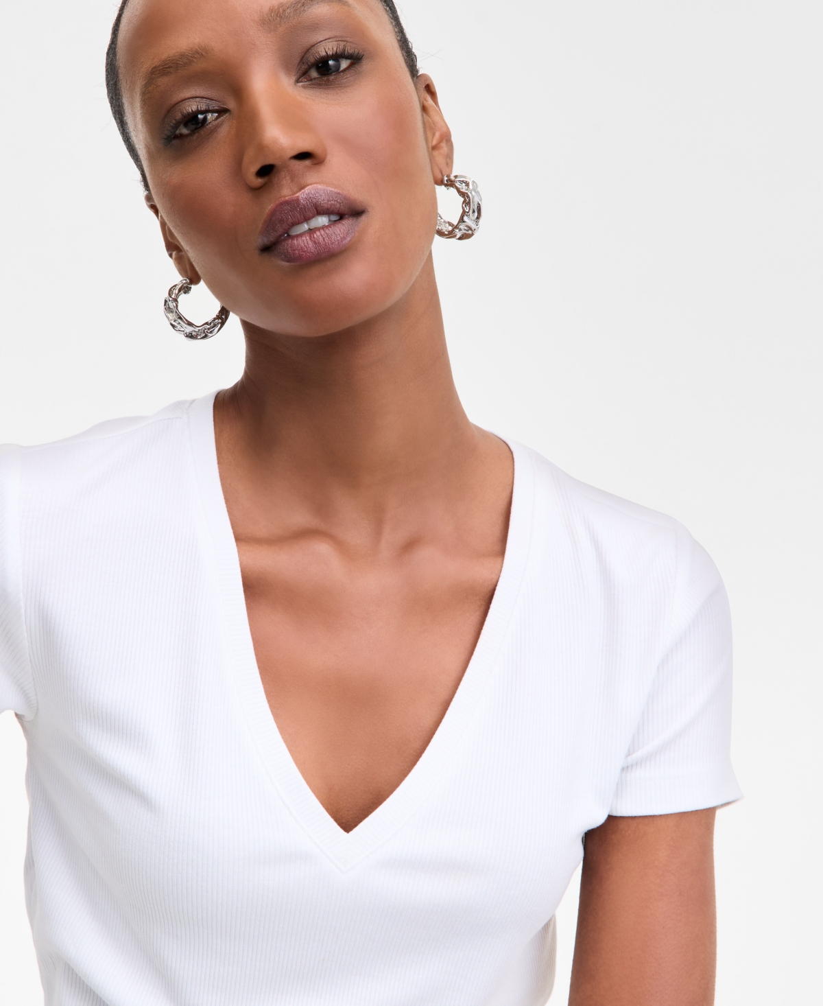 Inc International Concepts Women's Drapy Ribbed V-neck Top, Exclusively At Macy's In White
