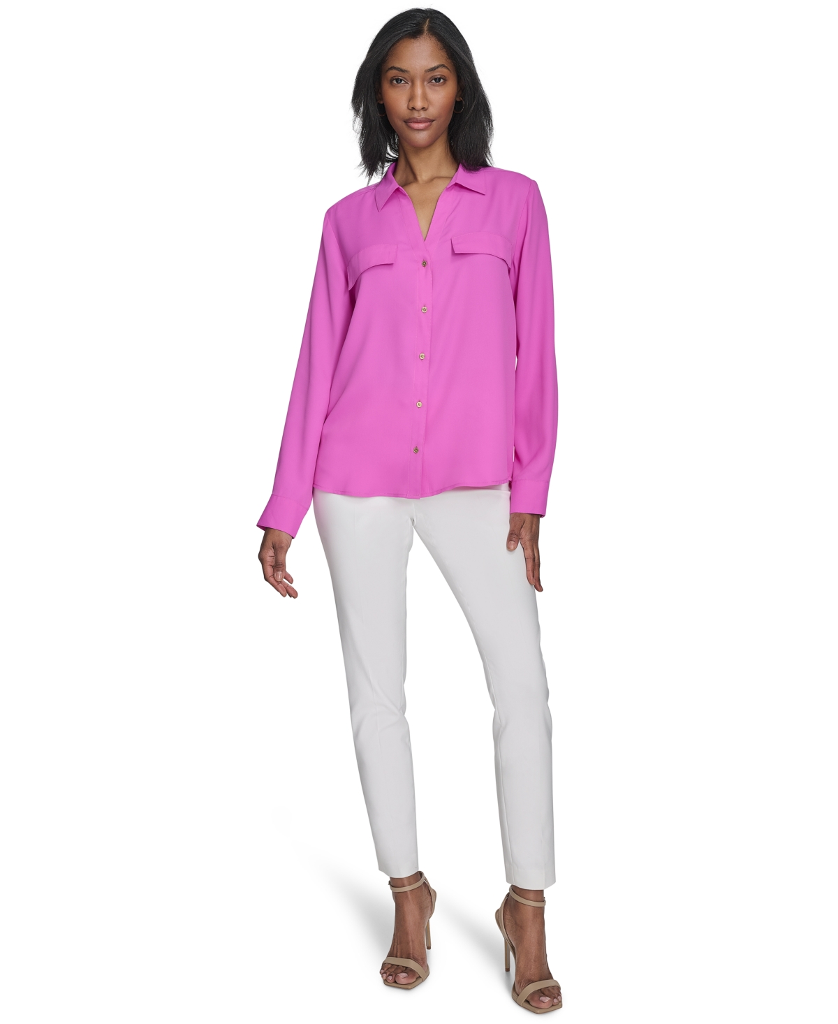 HALSTON WOMEN'S COLLARED BUTTON-FRONT LONG-SLEEVE SHIRT 