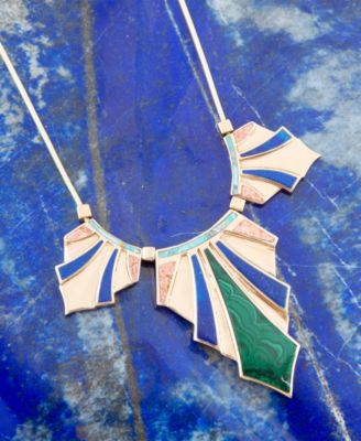 Abstract Art Deco Genuine Multi Stone Golden Pendant Necklace