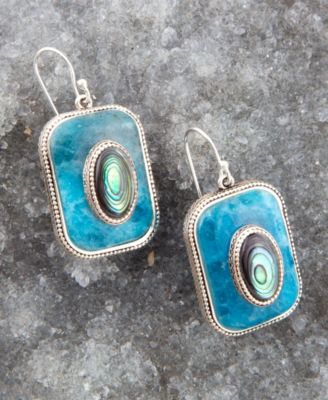 Blue Apatite and Abalone Stacked Sterling Square Drop Earrings
