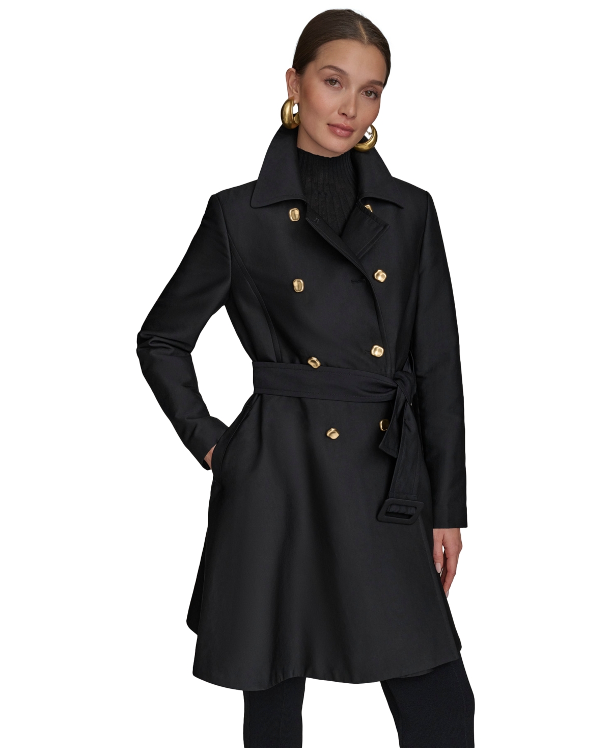 Women's Double-Breasted Skirted Trench Coat - Black