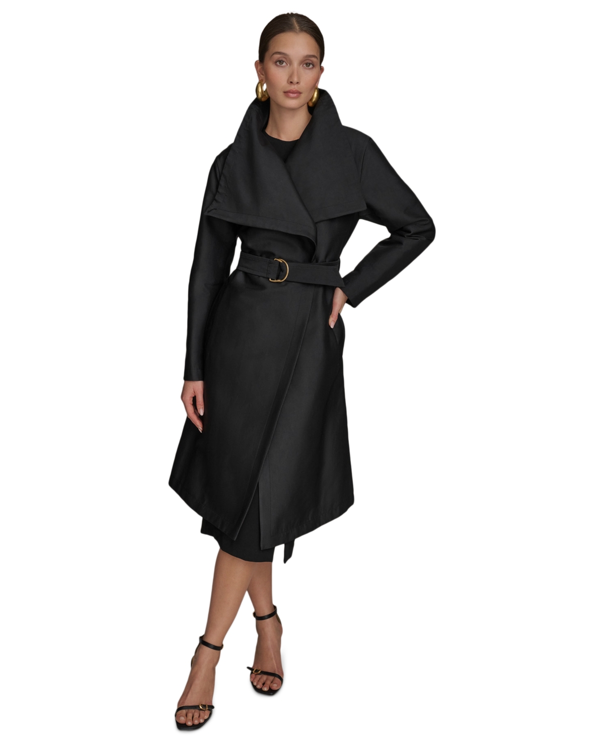 Women's Draped-Neck Trench Coat - Black