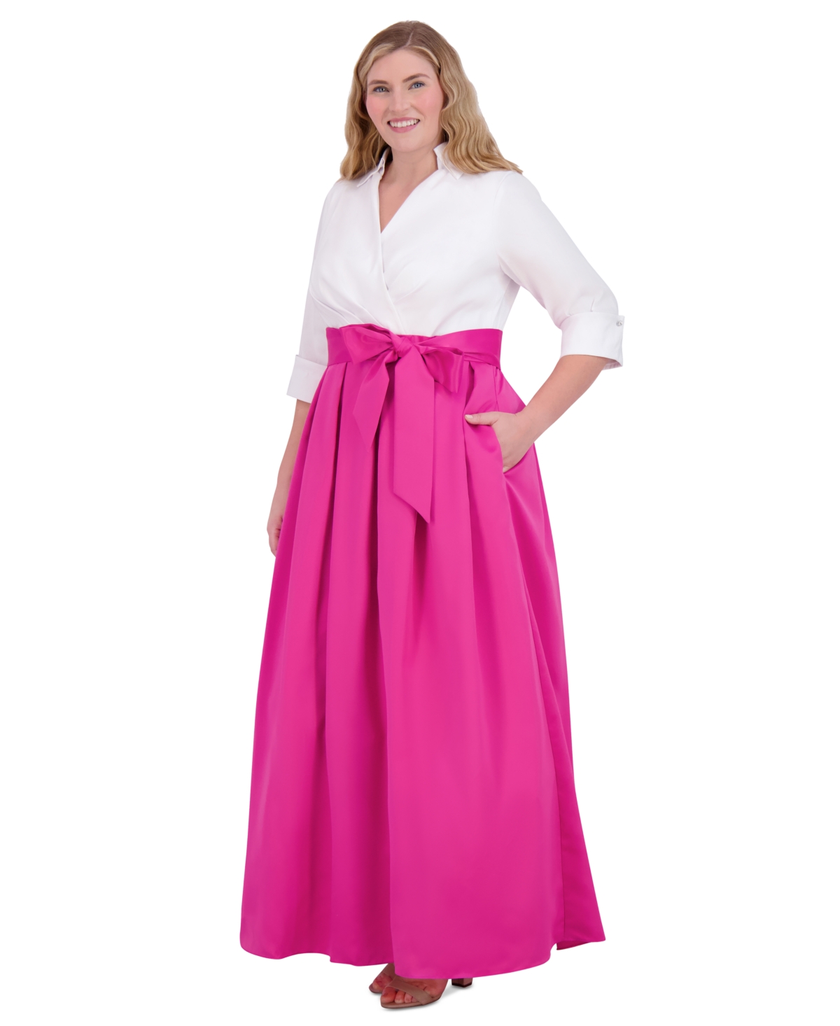Jessica Howard Women's Colorblocked Collared Evening Gown In Fuschia