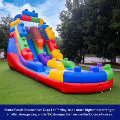 HeroKiddo Block Party Commercial Grade Inflatable Water Slide with Attached Pool /  Drainage / Air Blower Included, Outdoor Indoor, Rental Quality, Big Inflatable