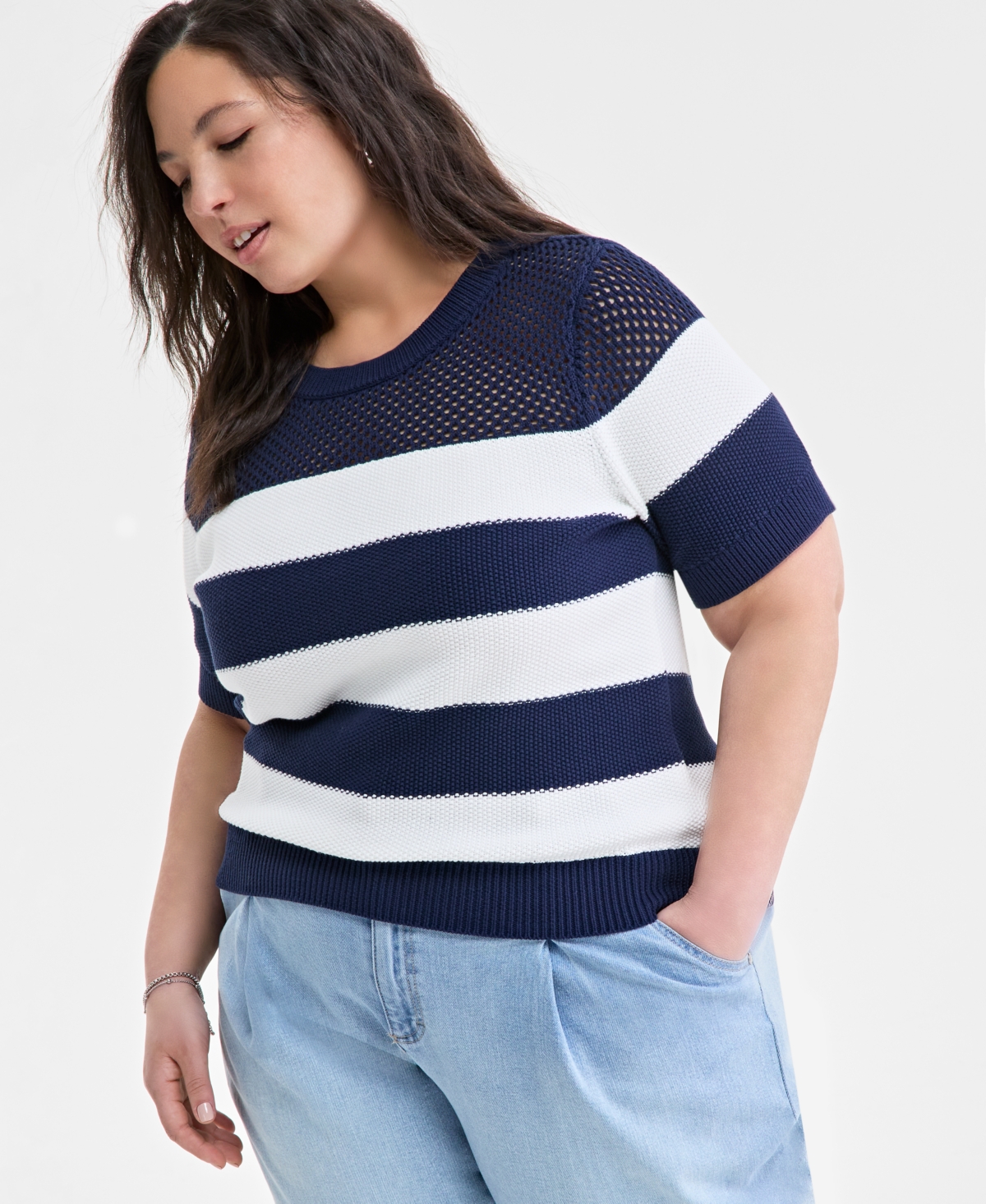 ON 34TH TRENDY PLUS SIZE OPEN-KNIT STRIPED SHORT-SLEEVE SWEATER, EXCLUSIVELY AT MACY'S 
