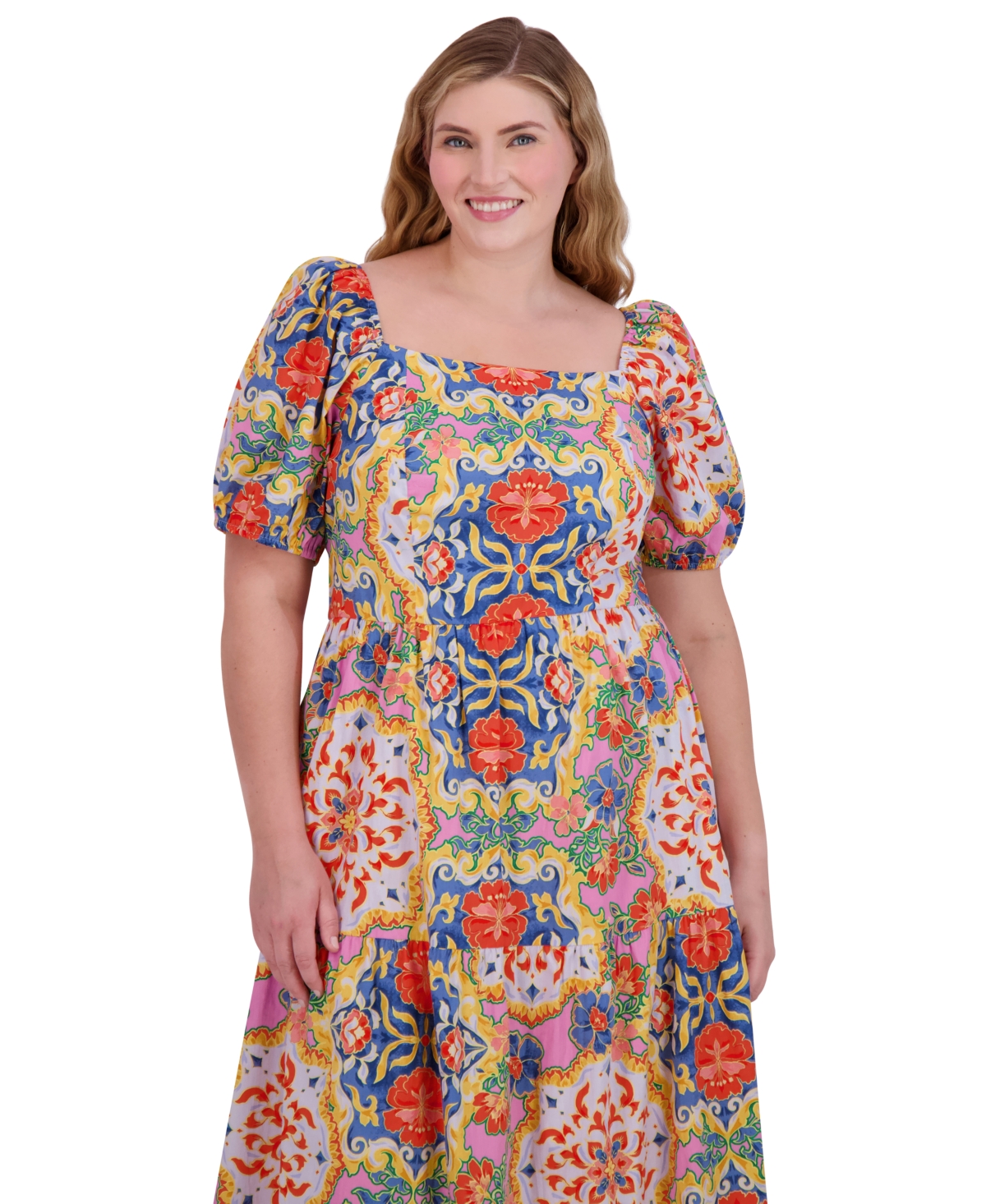Vince Camuto Plus Size Floral-print Square-neck Dress In Mul