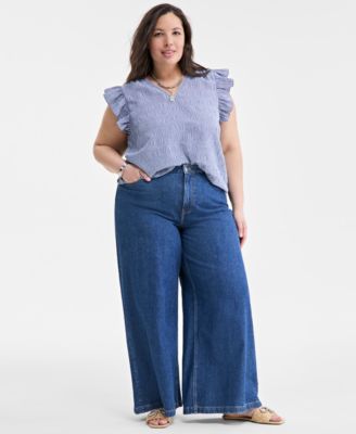 On 34th Trendy Plus Size Micro-Gingham Seersucker Flutter-Sleeve Top, Exclusively at Macy's
