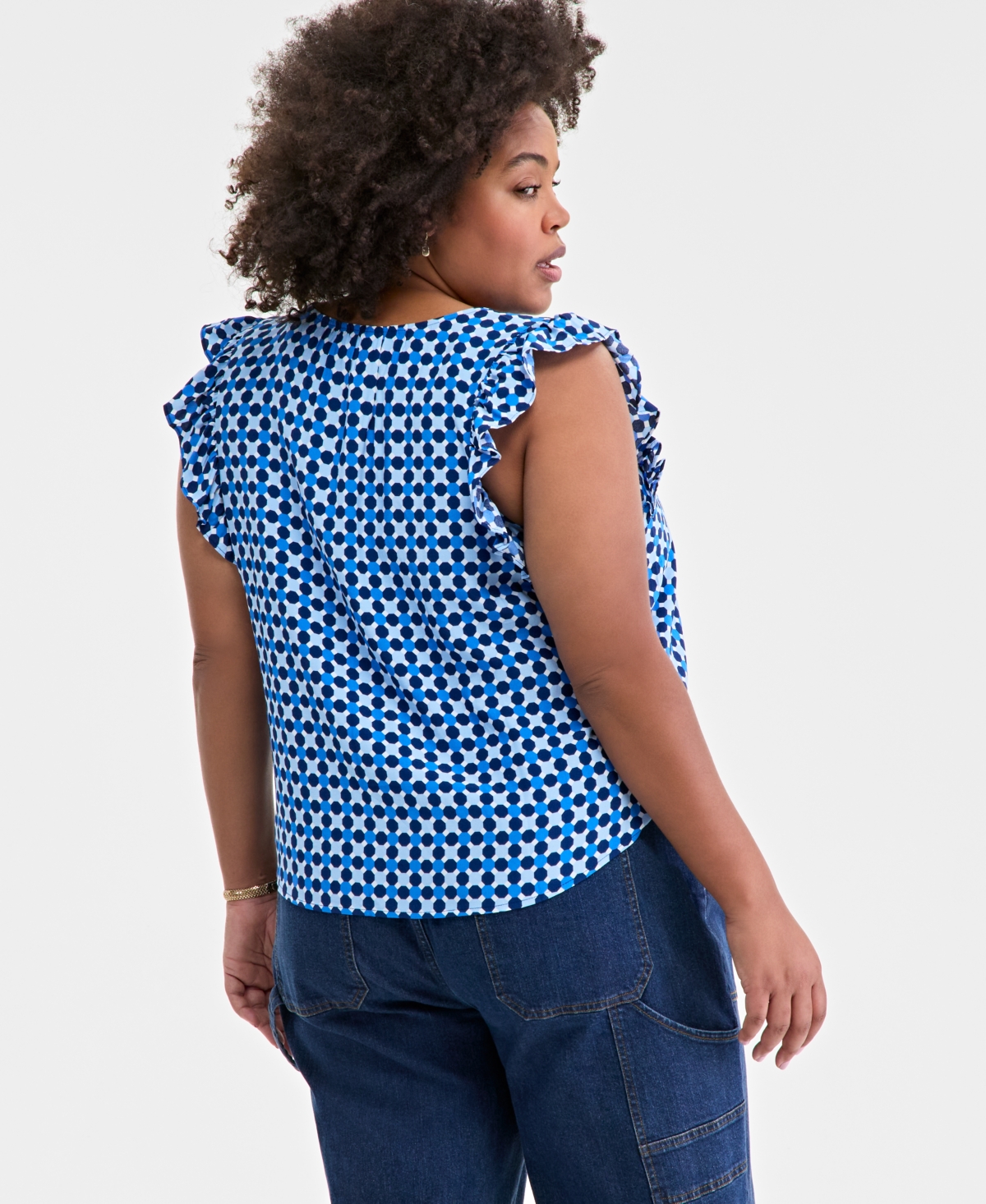 On 34th Trendy Plus Size Geo-print Flutter-sleeve Top, Exclusively At Macy's In Blazing Na