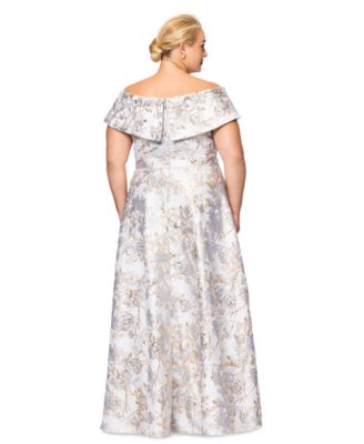 Plus Size Off-The-Shoulder Brocade Ball Gown