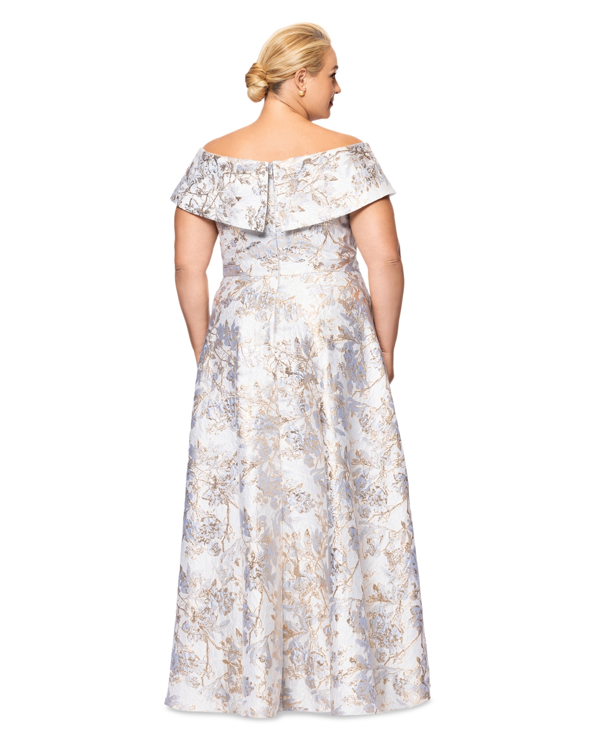 Xscape Plus Size Off-the-shoulder Brocade Ball Gown In Blue,gold