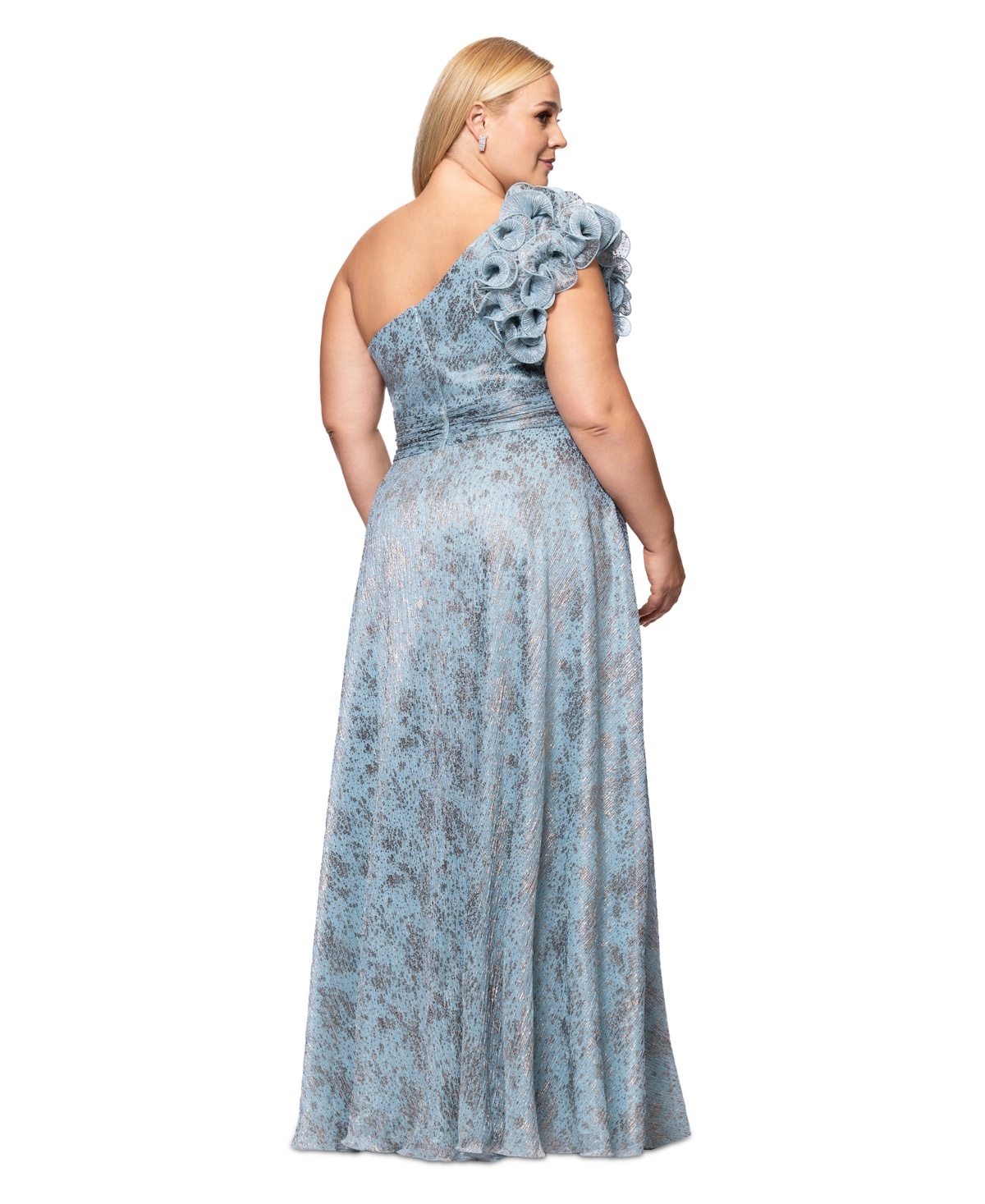 Xscape Plus Size Micro-pleat One-shoulder Gown In Aqua,platinum