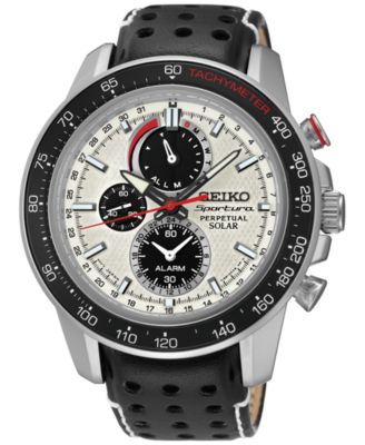 Seiko - Men's Solar Chronograph Sportura Black Leather Strap Watch 45mm SSC359