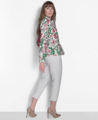 Tommy Hilfiger Womens Floral Print Long Sleeve Blazer Johnny Collar Polo Sweater Cropped Elastic Back Sloane Ankle In Ivory