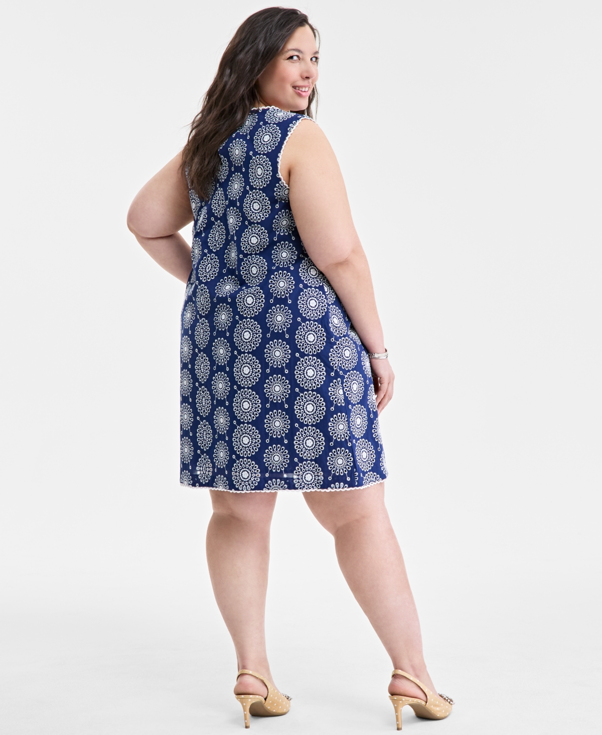On 34th Women's Sleeveless Scallop-edge Eyelet Shift Dress, Created For Macy's In Blazing Na
