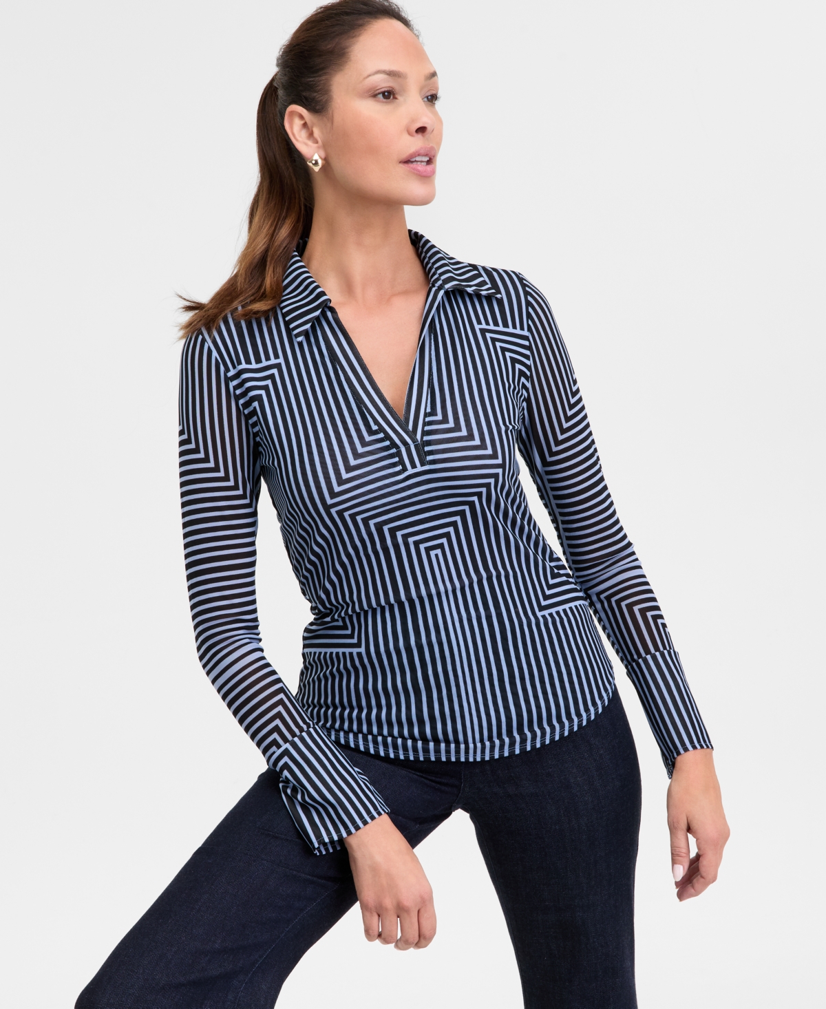 Women's Johnny-Collar Top, Exclusively at Macy's - Calee Texture Black